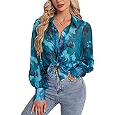Women's Button Down Shirts V Neck Boho Floral Print Tops Long Sleeve Hawaiian Beach Shirt Blouses Casual Cover Ups