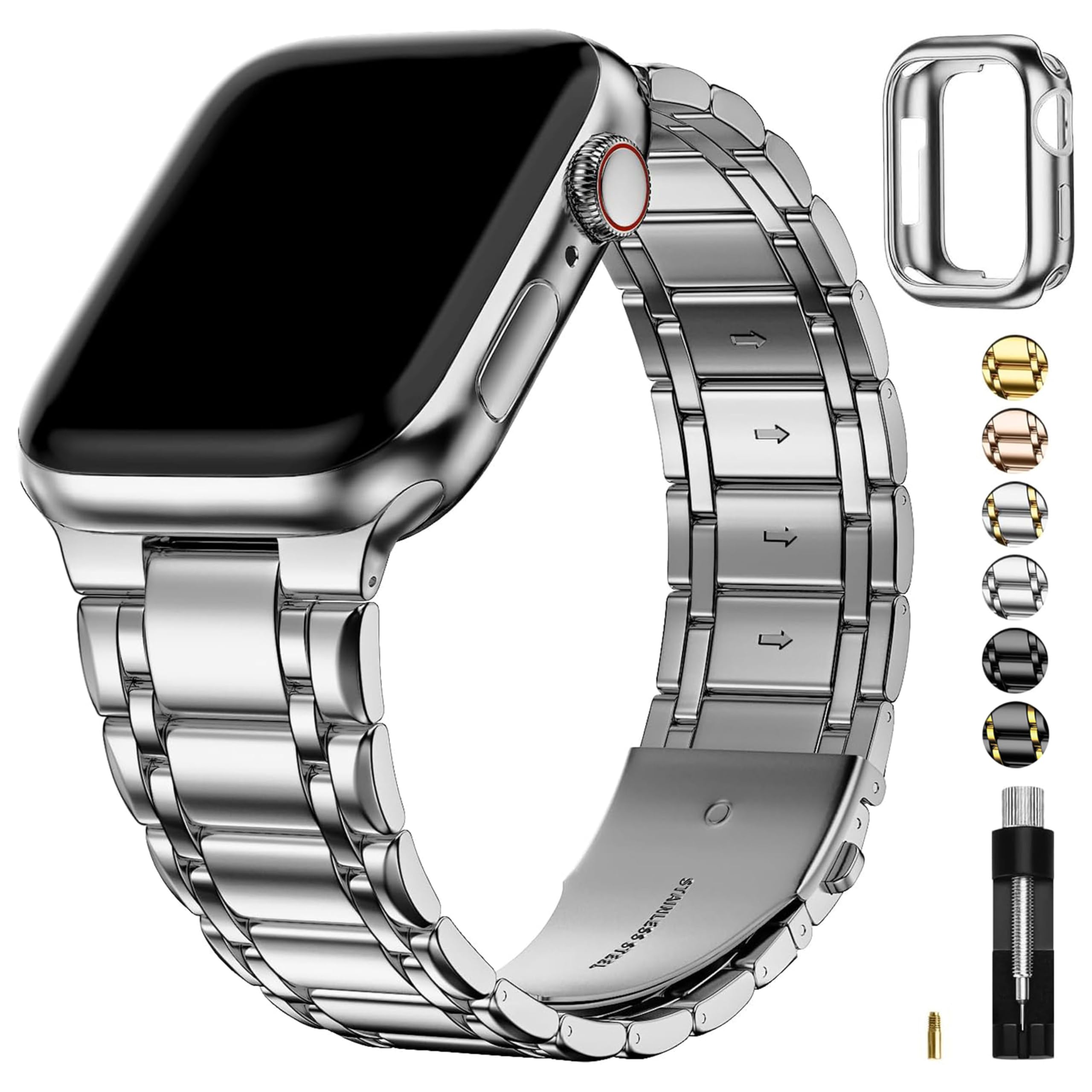 Fullmosa Compatible with Apple Watch Straps 41mm 40mm 38mm Stainless Steel Replacement iWatch Bands with TPU Protective Case for SE 3/2/1 Series 9 8 7 6 5 4 3 2 1, Silver — image 1