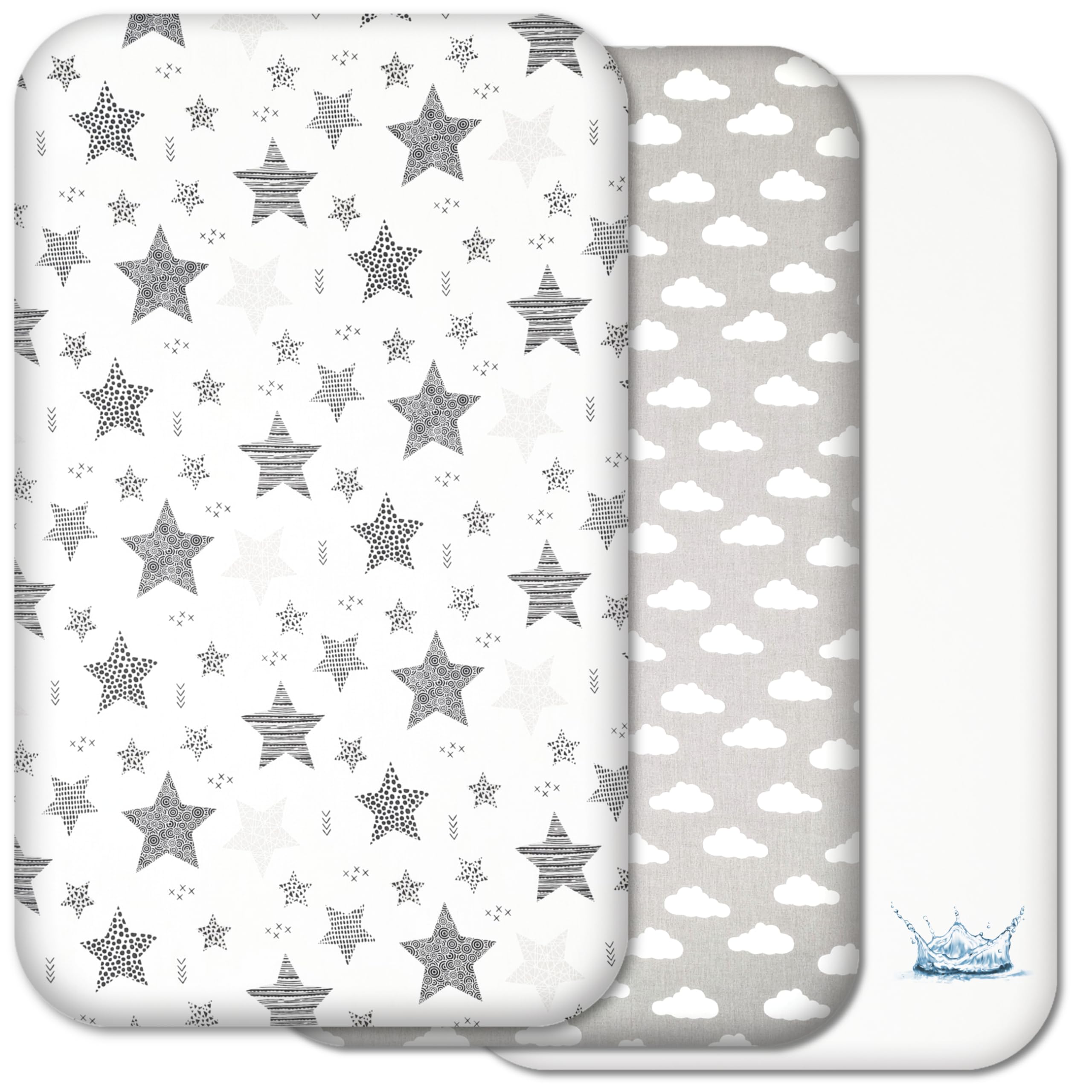 Next to Me Crib Sheets - 3pc Crib Fitted Sheet Set - 2 Fitted Cotton Sheets and 1 Waterproof Mattress Protector for Bedside Cribs - 100% Organic Cotton - Made in Europe (Grey Stars&Clouds, 83x50cm)