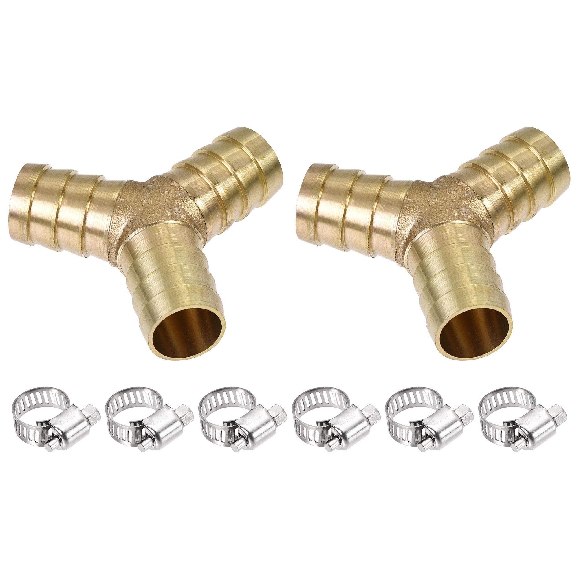 sourcing map Barb Hose Fitting 16mm OD Y Shape Pipe Connector Brass 2Pcs with 6Pcs 13-19mm Hose Clamps