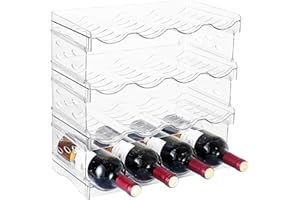 IEEK Plastic Stackable Bottle Storage Holder Rack Holds 16 Bottles,Free-Standing Water Bottle/Wine and Drink Organizer Shelf for Kitchen Cabinet,Fridge,Countertop,Pantry,Freezer,4 PackX4 Bottles,Clear