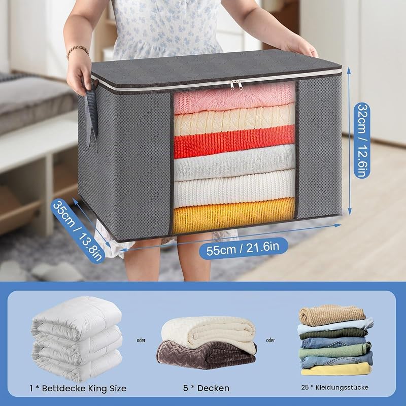 4 Stück 60L Groß Aufbewahrungstasche, Faltbare Unterbett Kleideraufbewahrung Schrank Organizer Set, für Bettwäsche, Kleidung, Decken, Kissen Quilt Saison Artikel Lagerung, 55x35x32cm — Foto 2 von 7