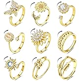MILACOLATO 14K Gold Plated Fidget Ring for Women Adjustable Anxiety Rings Open CZ Butterfly Sunflower Bead Spinner Rings for Anxiety Stress Relief