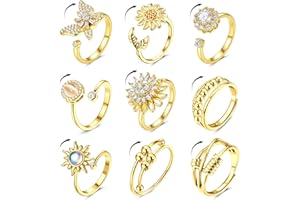 MILACOLATO 14K Gold Plated Fidget Ring for Women Adjustable Anxiety Rings Open CZ Butterfly Sunflower Bead Spinner Rings for Anxiety Stress Relief