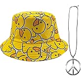 Bucket Hats Double-Side-Wear Reversible Fashion Sun Cap 80s 90s Hippie Style Peace Sign Necklace 80s Theme Party Hat
