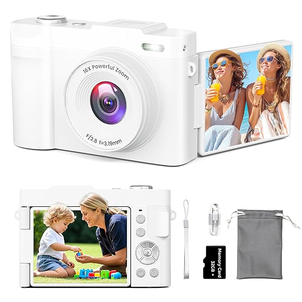 4K DIGITAL CAMERA FOR PHOTOGRAPHY, SMALL VLOGGING CAMERA WITH FLIP SCREEN FOR YOUTUBE, 50MP 16X ZOOM, PORTABLE TRAVEL CAMERAS WITH 32GB SD CARD FOR BEGINNERS(WHITE)