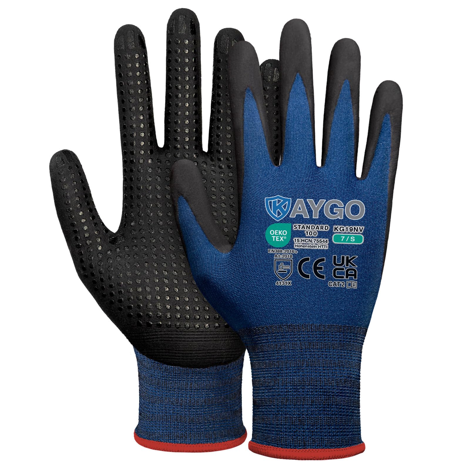 KAYGO Work Gloves with Grip Dots on Palm for Anti-Slip 12 Pairs, KG19N, MicroFoam Nitrile Coated Light Oil Compatible, Seamless Knit Nylon Gripper Work Gloves for Warehouse, Automotive (Navy Blue, S) — image 1