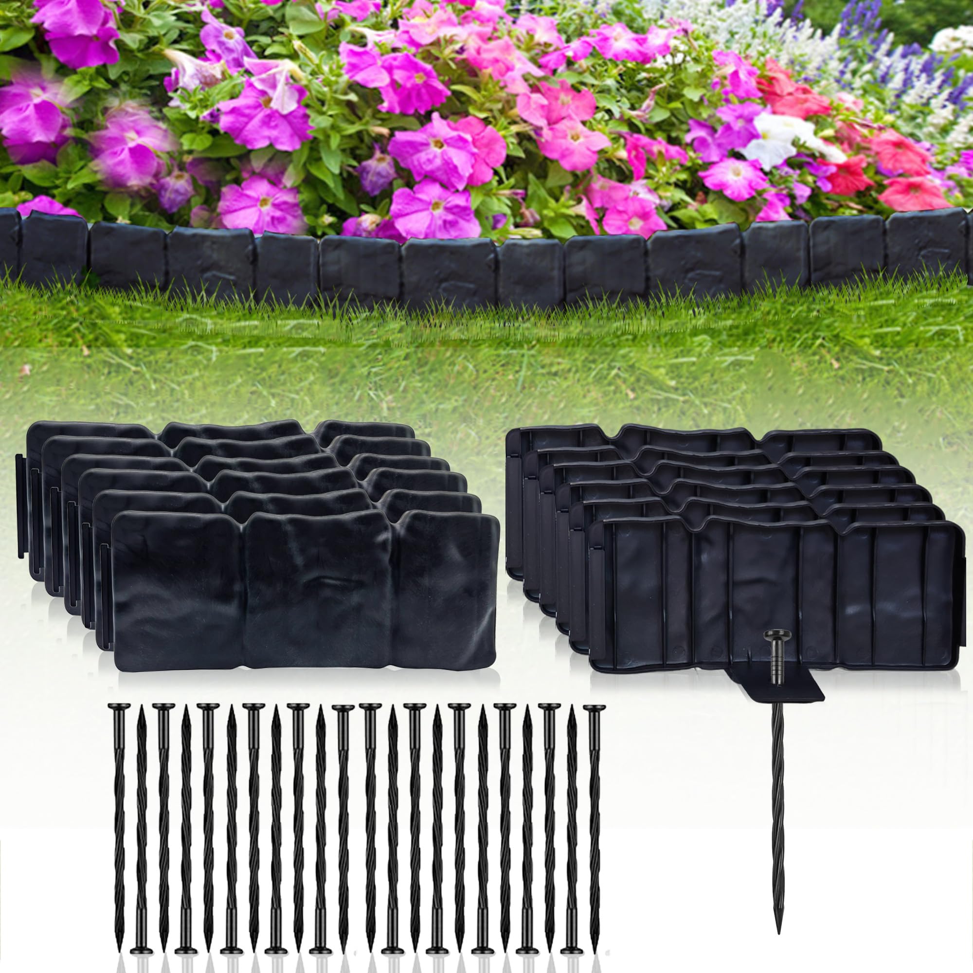 Photo 1 of Lawn Edging and Landscape Border?20pcs Garden Edging Border No Dig?Easy Flex Flower Bed Border?Plastic Interlocking Faux Stone Edging (Black)