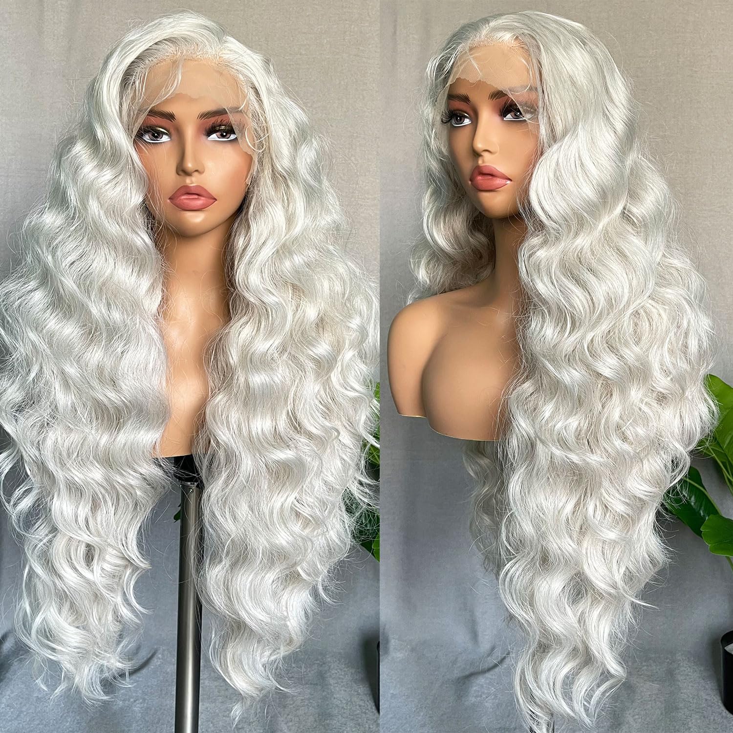 Photo 1 of **VERY USED**SOKU 13x6 Lace Frontal Wig 32 Inch Sliver Color Boby Wave Pre-plucked Hairline with Baby Hair Transparent Lace Heat Friendly Synthetic Light Grey Lace Front Wavy Wigs for Women Christmas Gift