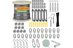 1/8" Wire Rope Kit, 200FT Vinyl Coated Stainless Steel Wire, Turnbuckles for Cables Aircraft Wires, 304 Coated Steel Cable fo