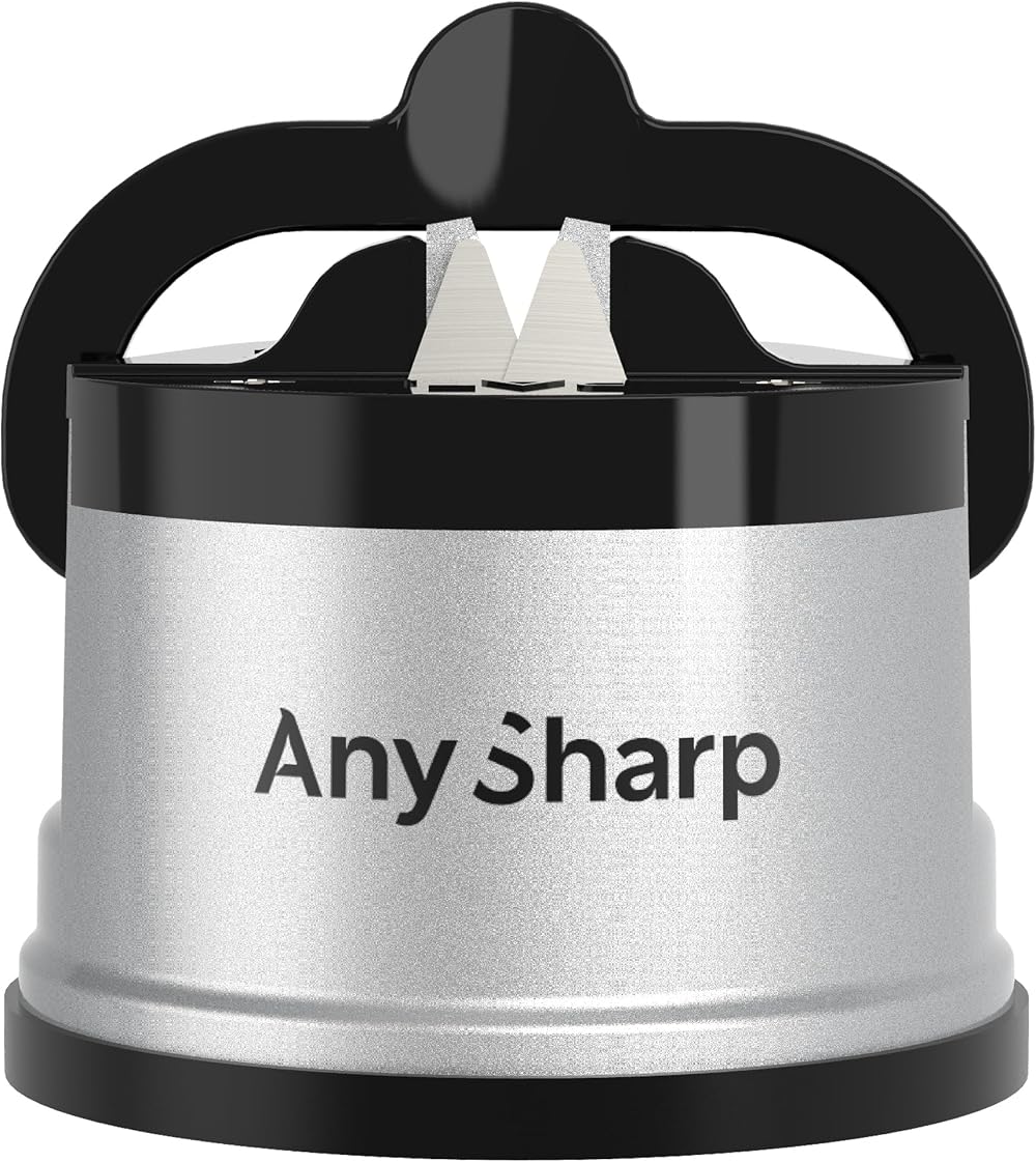 AnySharp Knife Sharpener, Hands-Free Safety, Suction PowerGrip, Silver