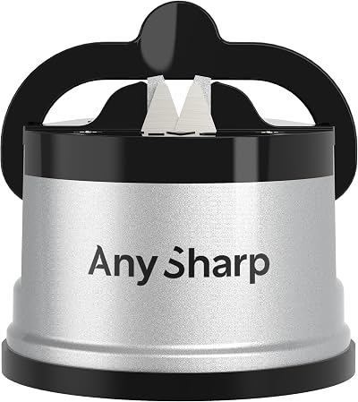 AnySharp Knife Sharpener, Hands-Free Safety, Suction PowerGrip, Silver