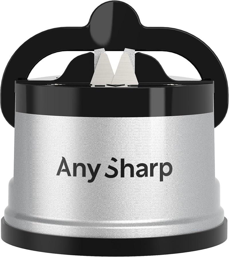 AnySharp Knife Sharpener, Hands-Free Safety, Suction PowerGrip, Silver