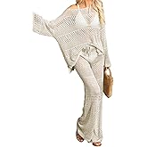 Famulily Womens 2 Piece Crochet Outfits Sexy Hollow Out Cover Up Sets Long Sleeve Tops and Drawstring Long Pants Matching Set