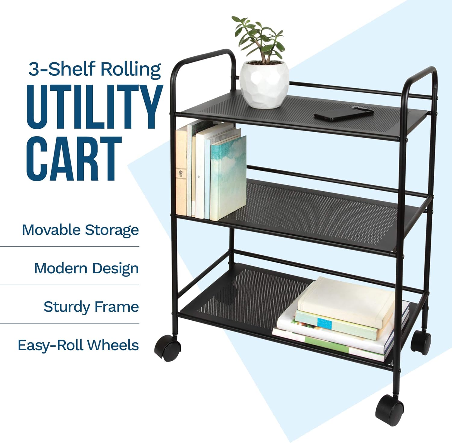 Richards Homewares Rolling Cart Black Shelves with Wheels with Heavy Duty Metal Frame - Supports 30 lbs per Tier - Utility Storage Cart Organizer with 3 Shelves: Home Improvement