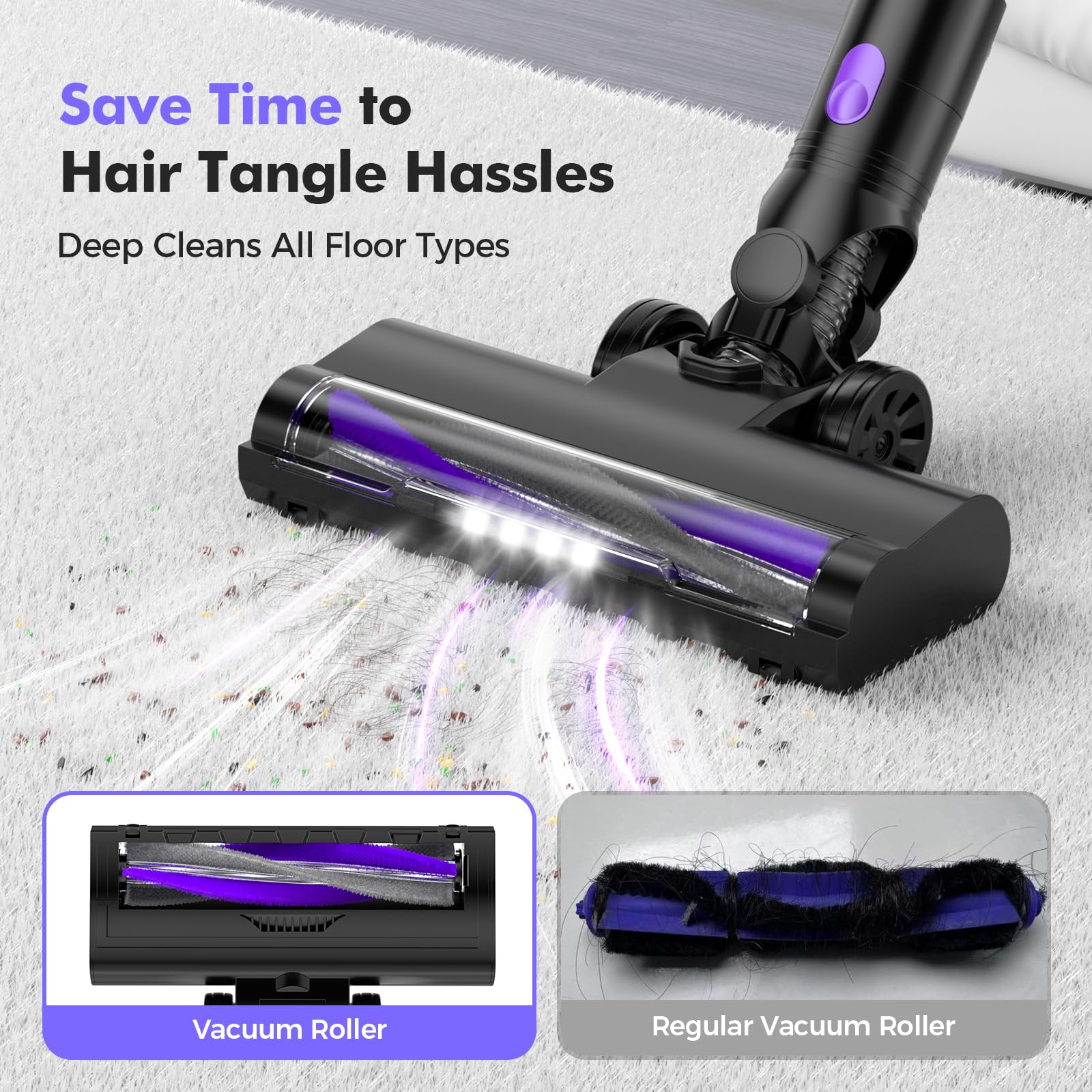Cordless Vacuum Cleaner, 40KPa/450W/50Mins/3 Modes, Cordless Stick Vacuum with LED Display & Foldable Lightweight Design, Rechargeable Handle Cleaners for Home, Pet Hair, Carpet, Hard Floor(Purple)