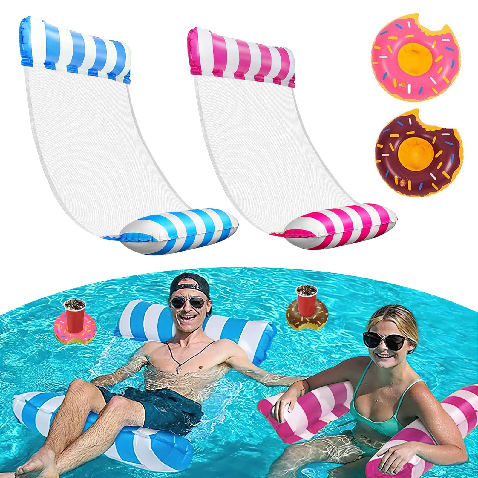 TAIHOBO 2PCS Inflatable Pool Floats with 2 Inflatable Drink Holders, Pool Inflatable for Adults Kids with Good Weight Bearing, Comfortable Pool Float Easy to Carry, Durable Water Hammock with Mesh