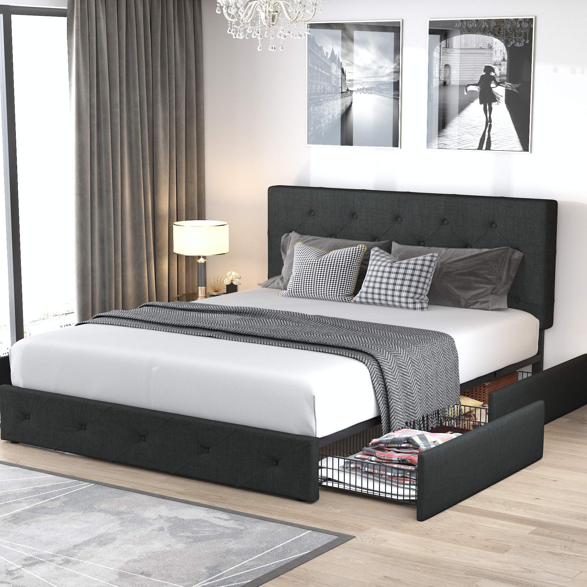 Queen Allewie Platform Bed Frame with 4 Drawers Storage and Headboard, Diamond Stitched Button Tufted Upholstered Mattress Foundation with Wood Slat Support, No Box Spring Needed, Dark Grey