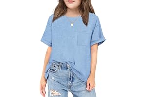 Arshiner Girls Oversized T Shirts with Pocket Short Sleeve Basic Crewneck Summer Casual Loose Tops Clothes 5-12 Years