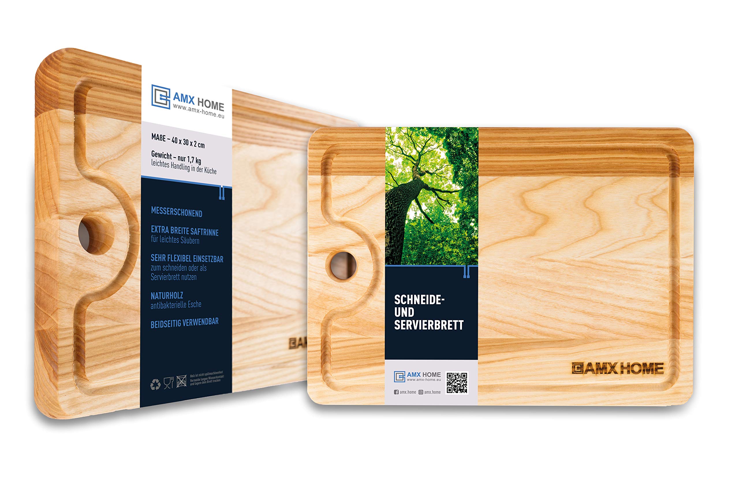 AMX HOME Chopping Board with Juice Groove 25 x 35 cm Ash Kitchen Board Can be Used as Serving Board Chopping Board Steak Board Meat Board Bread Board