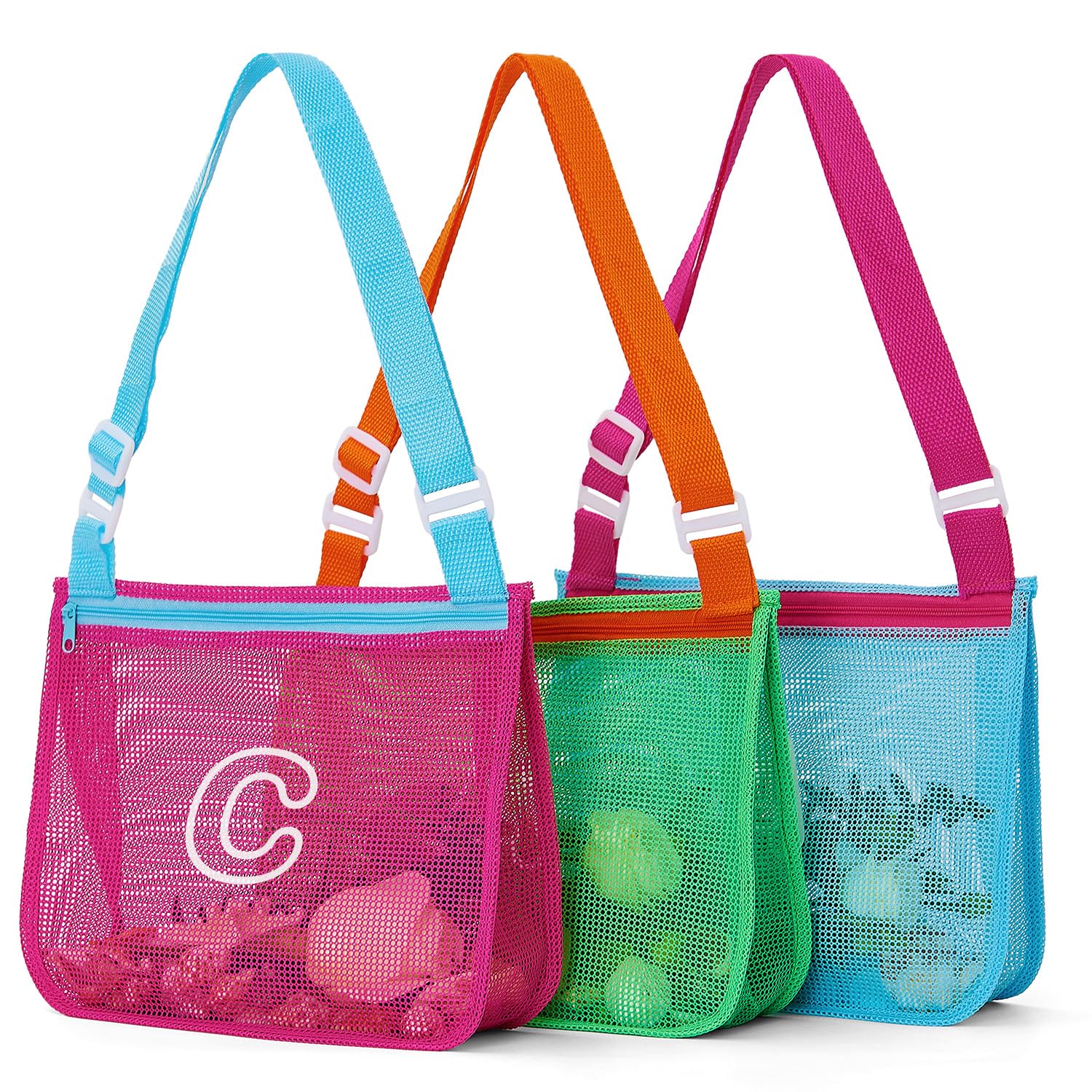 Photo 1 of 3Pcs Alphabet Printed Seashell Bags, Lightweight & Foldable Kids Beach Toy Mesh Bags with Adjustable Straps, Waterproof and Portable for Pool and Beach Essentials-C