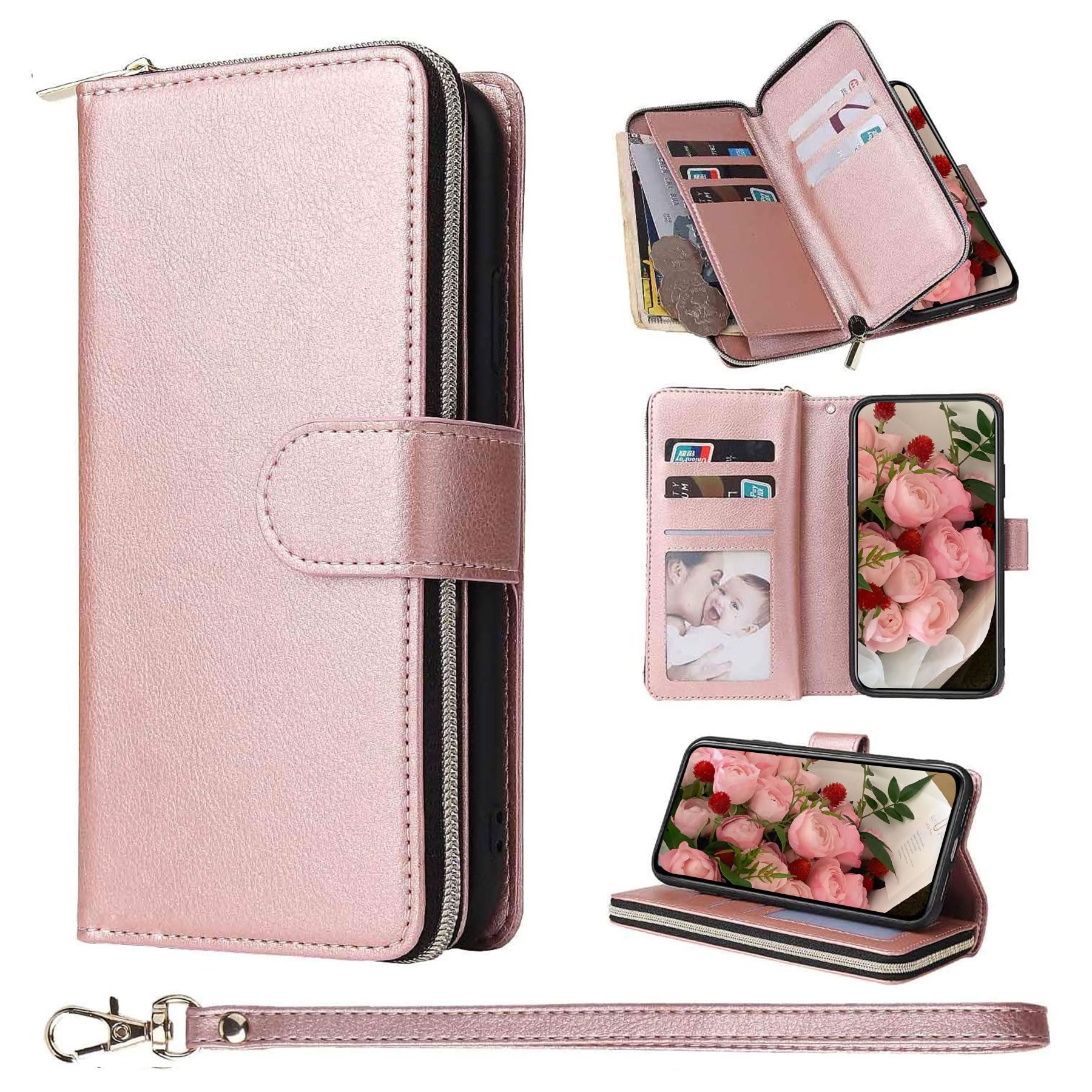 ZCDAYE Wallet Case for Samsung Galaxy S20,Premium[Magnetic Closure][Zipper Pocket] Folio PU Leather Flip Case Cover with 9 Card Slots Kickstand for Galaxy S20-Rose Gold