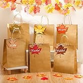Dinifee 24 Pcs Fall Kraft Paper Gift Bags Fall Goodie Bags with Handles Personalized Maple Leaves Pens DIY Grocery Shopping Sack for Autumn Harvest Thanksgiving Birthday Party Favors Supplies
