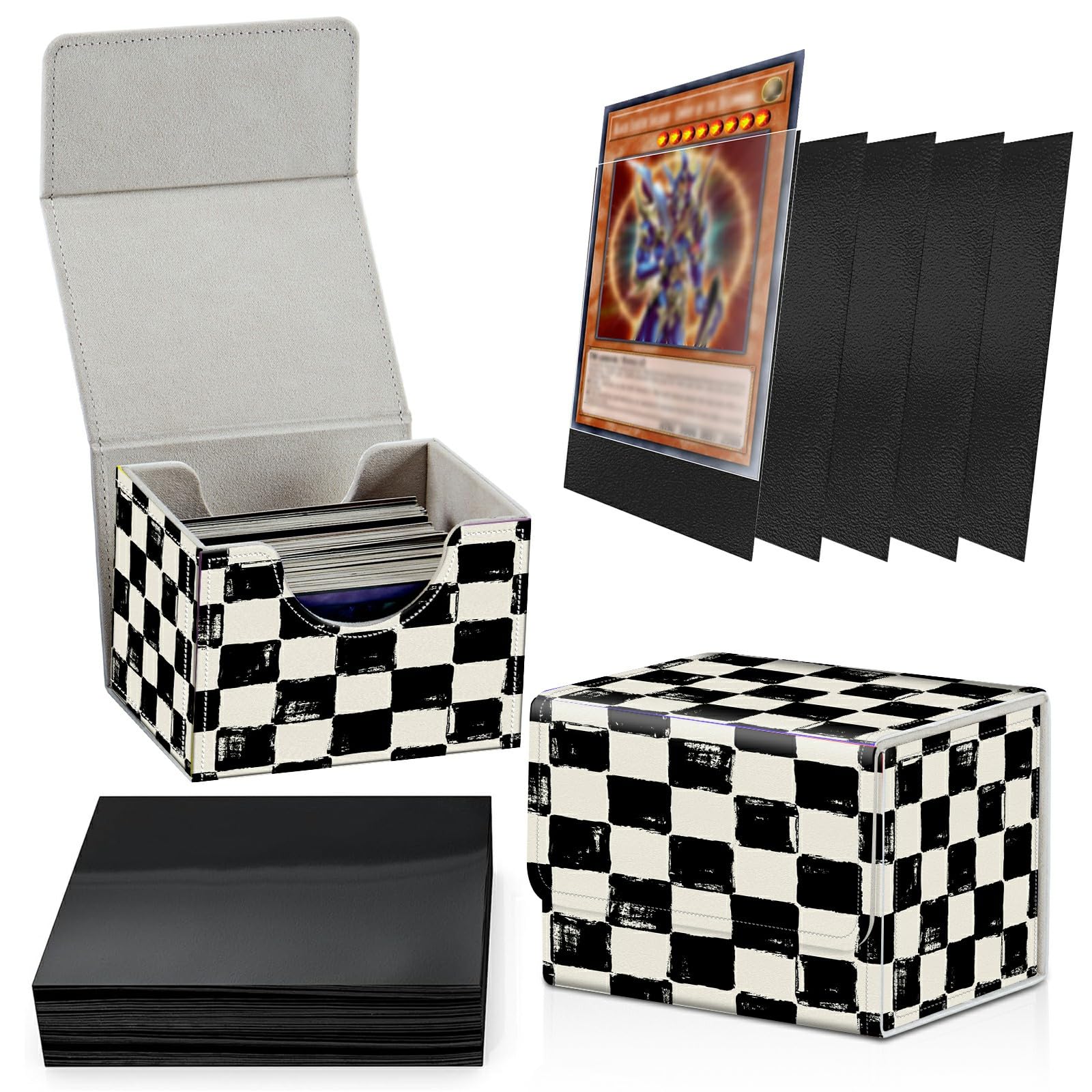 Photo 1 of Card Deck Box Plus 100 Counts Black Card Sleeves, Black White Checkerboard for Collectible MTG TCG CCG Card Storage Box Horizontal Holds 100+ Single Sleeved Cards, Magic Game Cards Organizer