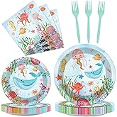 96 Pcs Under The Sea Plates and Napkins Party Supplies Ocean Birthday Party Tableware Set Ocean Animal Underwater Sea Life Party Decorations Favors for Birthday Shower for 24 Guests