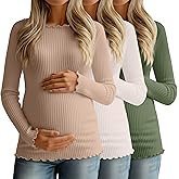 Sweetyweee 3 Pack Women's Maternity Ribbed Shirts Cotton Long Sleeve Pregnancy Tees Boat Neck Basic Tops Knit Clothes