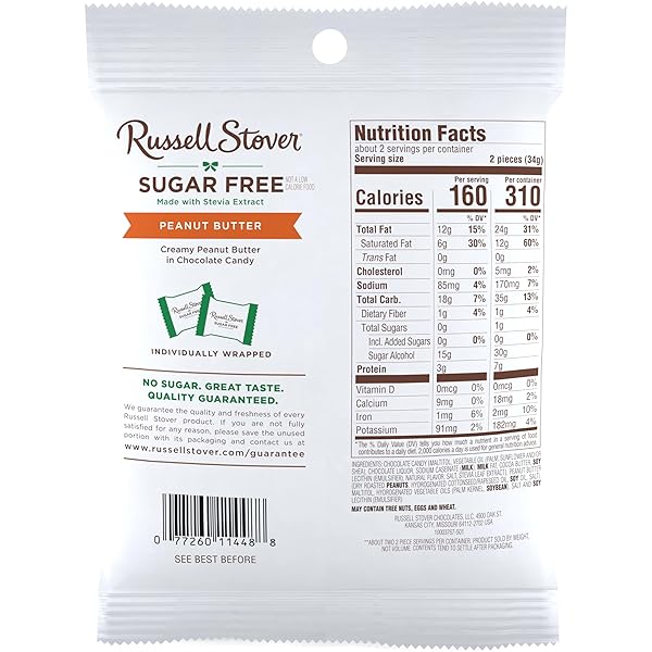 RUSSELL STOVER SUGAR FREE PEANUT BUTTER CHOCOLATE CANDY, 2.4 OZ. BAG (PACK OF 10)
