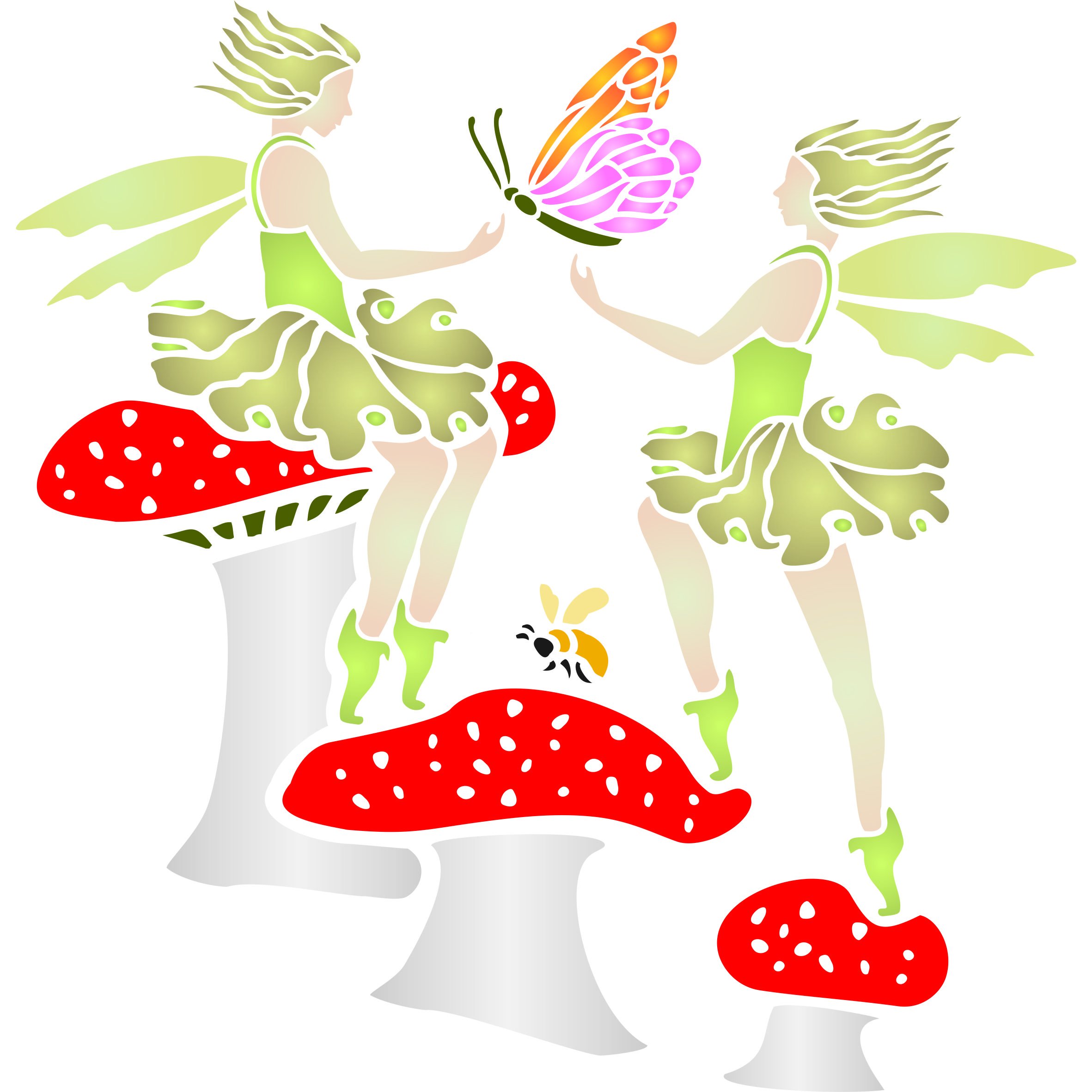 Toadstool Fairies Stencil - 25.5 x 26.5cm - Reusable Fairy Elf Faerie Magic Wall Stencil Template