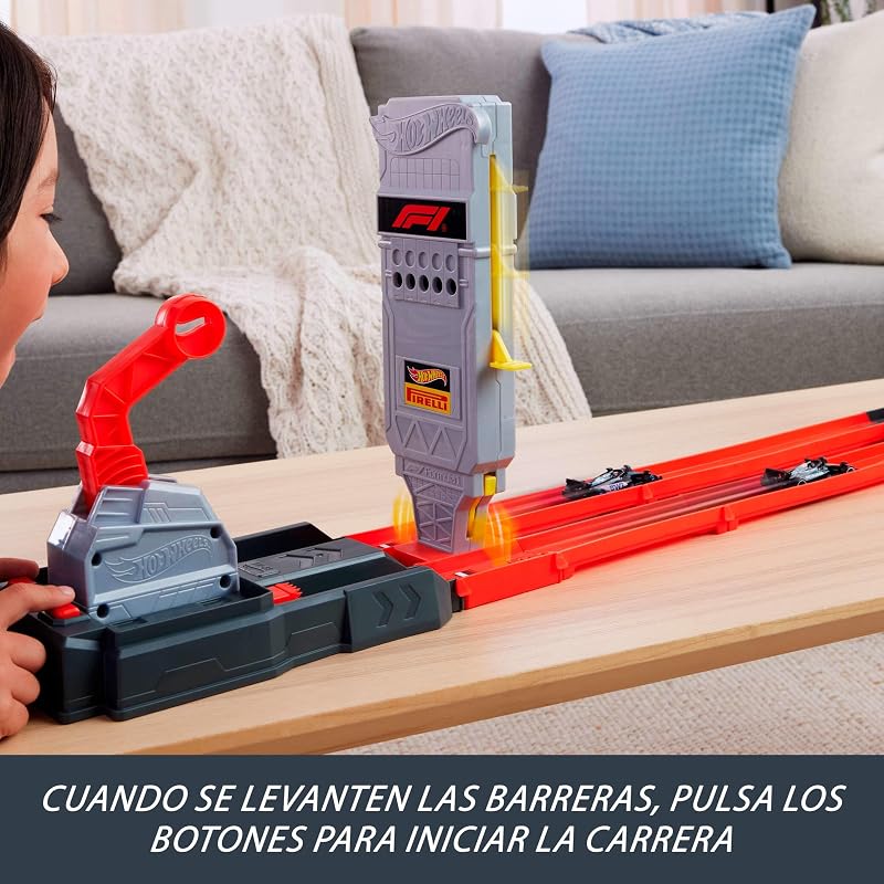Linha de Partida de Fórmula 1 de corridas, pista de brinquedo e conjunto de carros, pista dupla com 2 carros metálicos à escala 1:64 com Licença Oficial de F1, JKM88