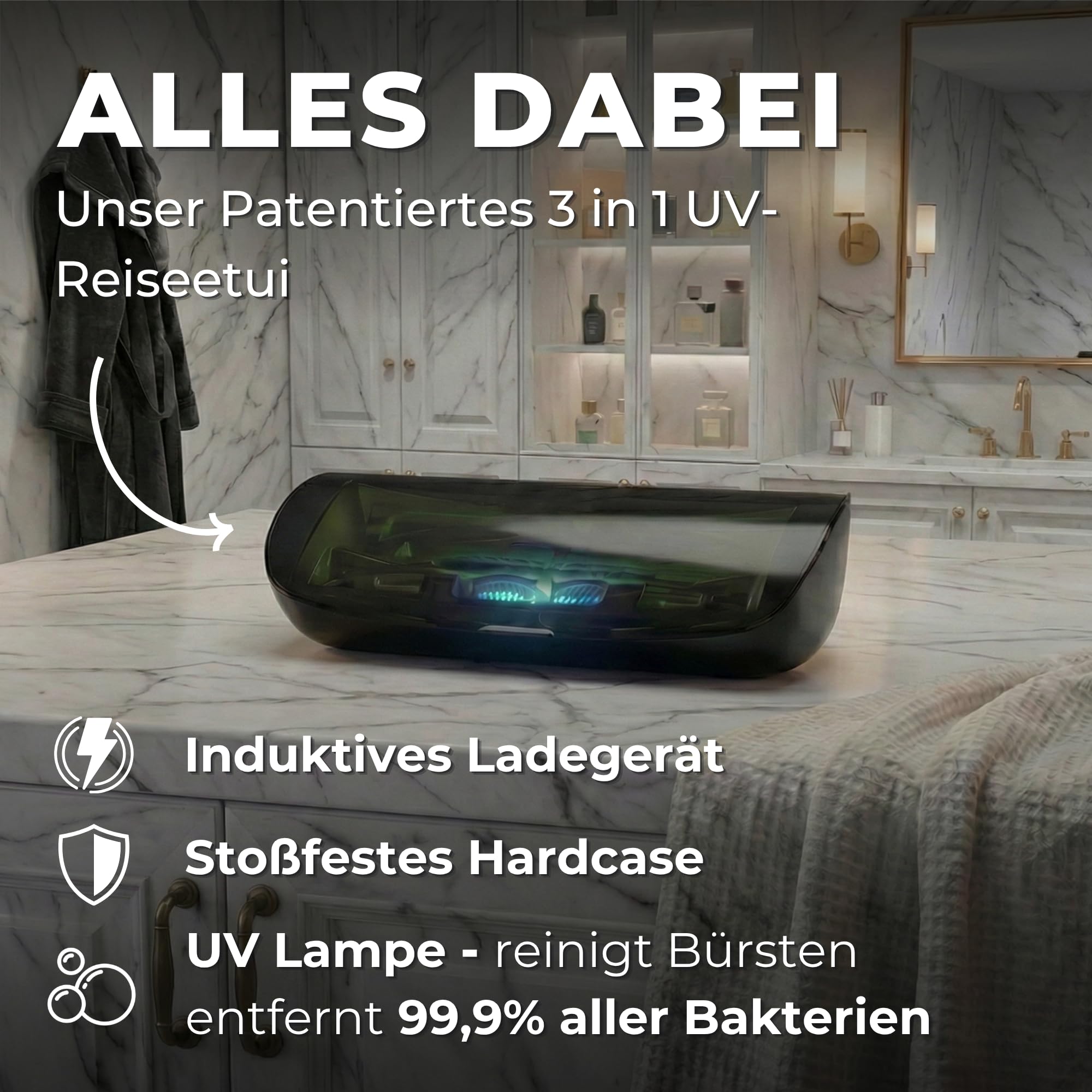 Tristan Auron Schallzahnbürste - Beste Reisezahnbürste 2025-100 Tage risikofrei testen - 55000 Elektrische Schwingungen 5 Programme 60 Tage Batterie mit UV Reiseetui 6 Aufsätze Business Class Blau 2