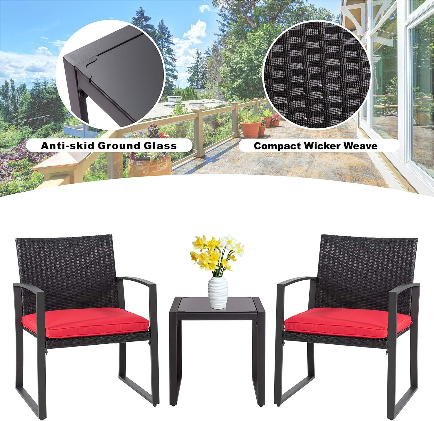 Shintenchi 3 Pieces Outdoor Patio Furniture Set, Portable Rattan Chair Wicker Furniture for Backyard Porch Lawn Garden Balcony with Cushions,Conversation Sets with Coffee Table: Garden & Outdoor