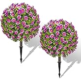 25" Artificial Boxwood Topiary Ball Trees with Purple Daisy, Fake Mums Plants with Ground Spike,Set of 2 UV Resistant Faux Bushes, Fake Shrubs for Garden, Patio, Porch, Yard, Indoor