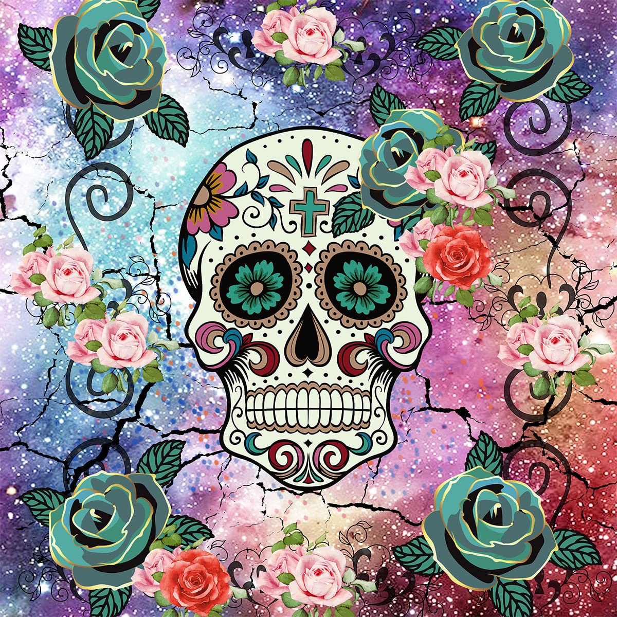 Sugar Skull Upholstery Fabric for Chairs,Rose Skull Skeleton Fabric by The Yard,Bohemian Exotic Style Gothic Bones Floral Fabric for Upholstery and Home DIY Projects,2 Yards