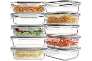 HOMBERKING 10 Pack Glass Meal Prep Containers, Food Storage Containers with Lids, Airtight Lunch Bento Boxes, BPA-Free & Leak Proof (10 lids & 10 Containers) - Grey