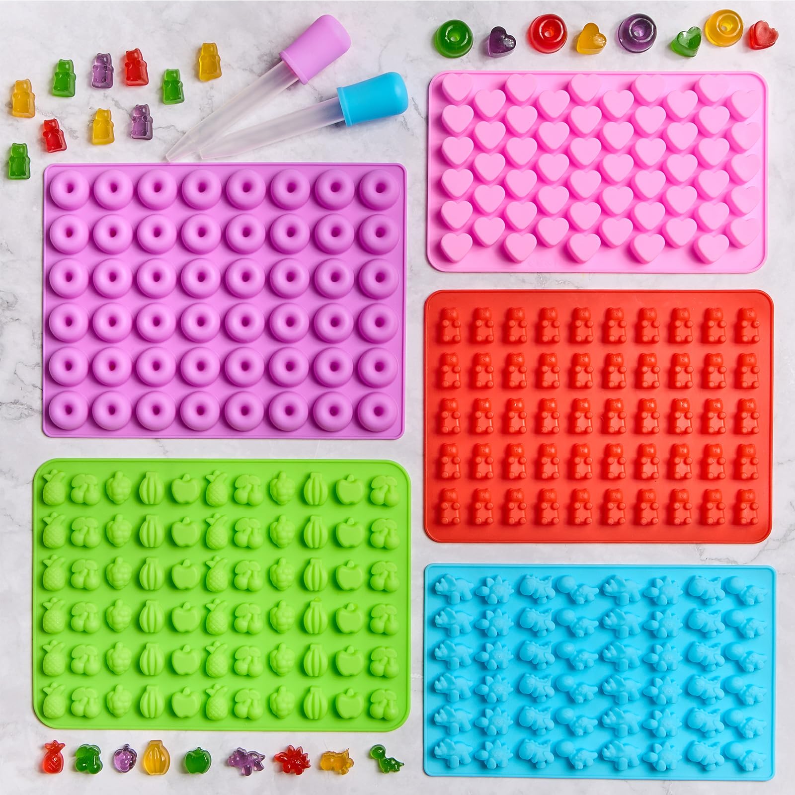 5 Pcs Mini Gummy Candy Molds with 2 Dropper, Silicone Bear Donut Dinosaur Fruit Snack Molds Non-stick and BPA Free Jello Candy Mold for Small Chocolate Gummies