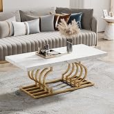 Tribesigns Modern Coffee Table, 47 Inch Faux Marble Cocktail Table with Geometric Frame, Rectangular Center Table Tea Table Accent Furniture for Living Room, Simple Assembly (White/Gold)