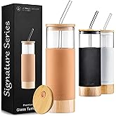 Premium 20oz Glass Tumbler Cup with Straw and Bamboo Lid & Base with Protective Silicone Sleeve - BPA Free - Growler Water Bottle Reusable Drinking Glasses Cup for Iced Tea, Coffee, Smoothie - Amber