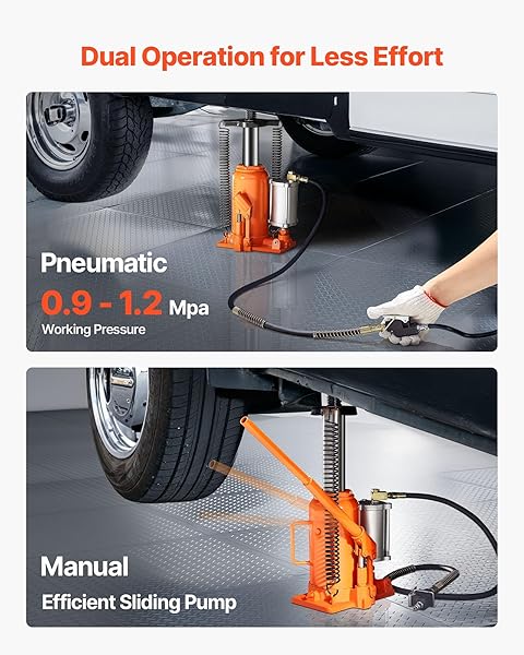 VEVOR AIR HYDRAULIC BOTTLE JACK, 20 TON/40000 LBS ALL WELDED BOTTLE JACK, 10.4-19.7 INCH LIFTING RANGE, MANUAL HANDLE AND AIR PUMP, FOR CAR, PICKUP, TRUCK, RV, AUTO REPAIR, INDUSTRIAL ENGINEERING