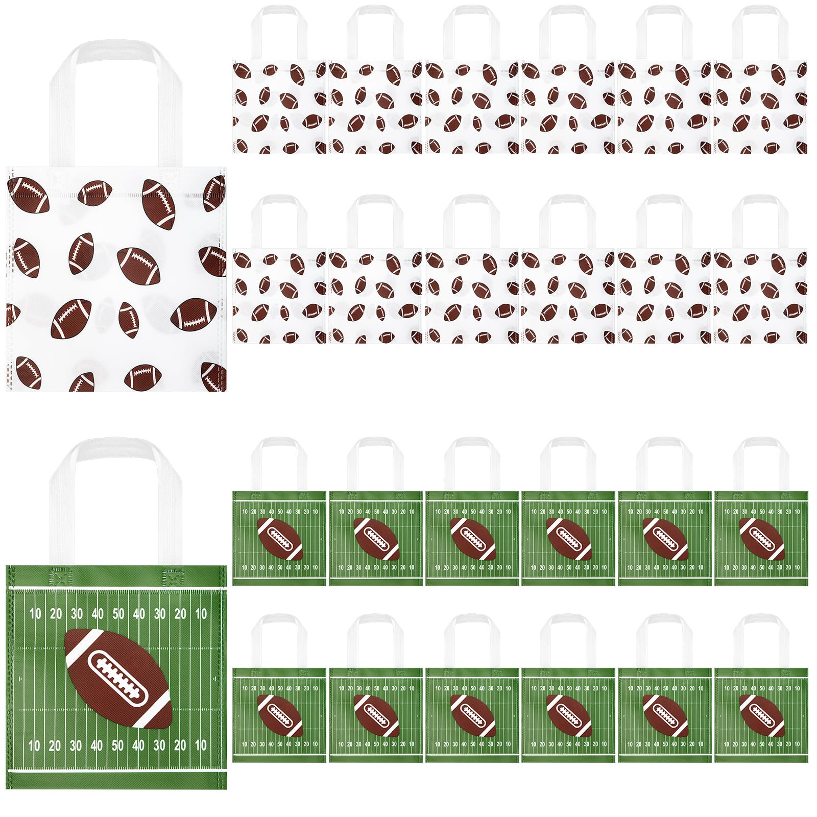 Photo 1 of Sweetude 24 Pcs Football Non Woven Gift Bags Football Snack Goodies Candy Treat Bags for Sport Party Decorations Super Sports Bowl Party Supplies, 7.9 x 7.9 Inch