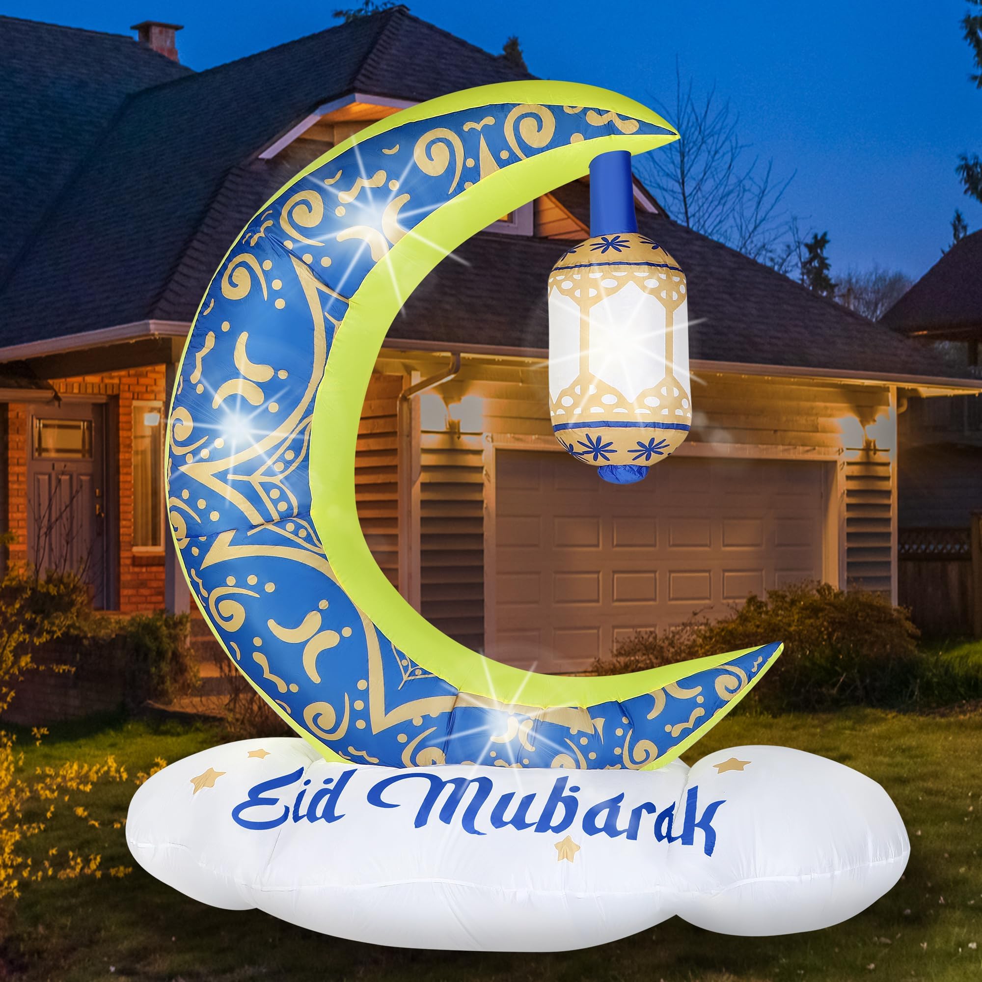 Photo 1 of Vivantia 7 Ft Lighted Inflatable Ramadan Eid Mubarak Moon Decoration Blow up Islamic Holy Celebration Decor with LED Lights Islamic Moon Wishing Kareem Muslim Holidays for Outdoor Yard Garden Decor