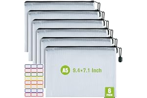 ASTEN Mesh Zipper Pouch, 6PCS Waterproof Plastic Mesh ZipperBag, A5 Size Tear-Resistant Document Pouch, Extra Large Zip File Bags, for School Office Supplies Home Travel Storage(9.4×7.1 Inch)
