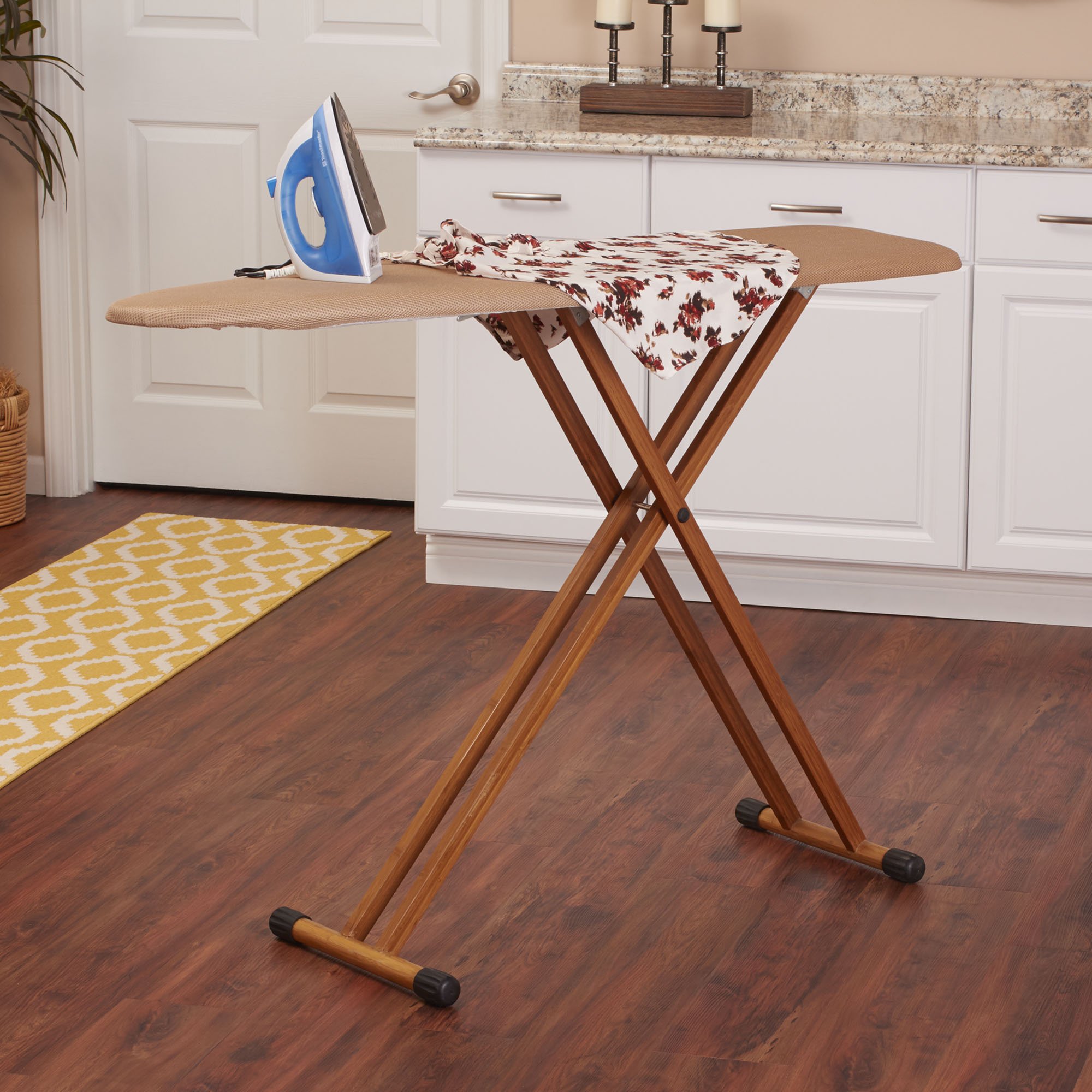 Household Essentials Steel Top Long Ironing Board with Bamboo Legs| Tan Cover | 14