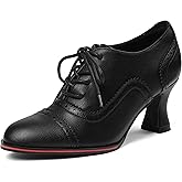 Yremael Women's Black Oxfords Dress Wingtip Vintage Comfortable Chunky High Heel Lace Up Brogues Booties