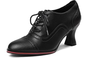 Yremael Women's Black Oxfords Dress Wingtip Vintage Comfortable Chunky High Heel Lace Up Brogues Booties
