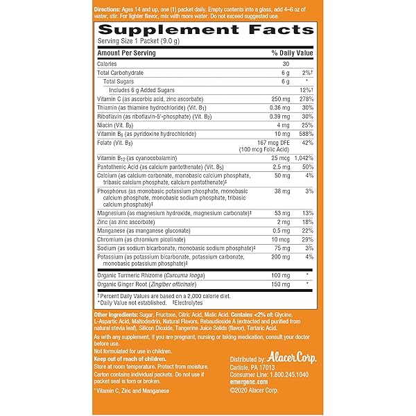 EMERGEN-C CITRUS-GINGER FIZZY DRINK MIX, TURMERIC AND GINGER, IMMUNE SUPPORT, NATURAL FLAVORS WITH HIGH POTENCY VITAMIN C, 18 COUNT