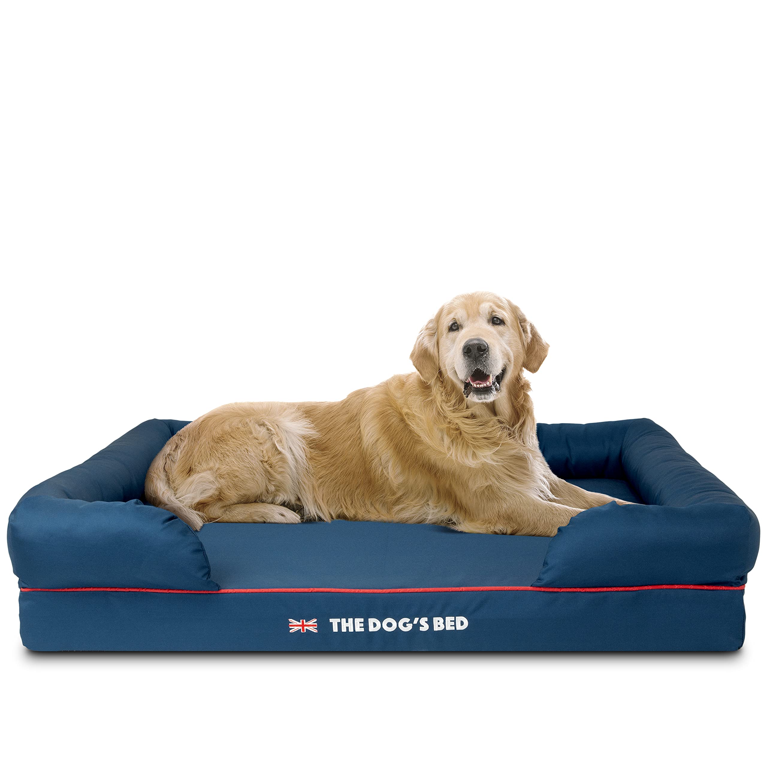 The Dog’s Bed – Orthopaedic Memory Foam Bolster Bed, Blue with Red Trim & UK Flag, XL